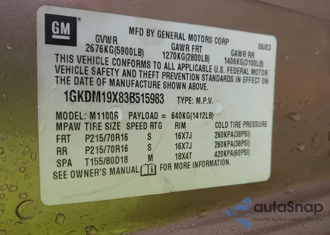 2003 GMC Safari из США, поврежденный, VIN 1GKDM19X83B515983